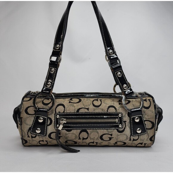 Guess Monogram Barrel Bag Satchel G Logo Canvas Black Patent Trim Purse Y2K - Picture 1 of 11